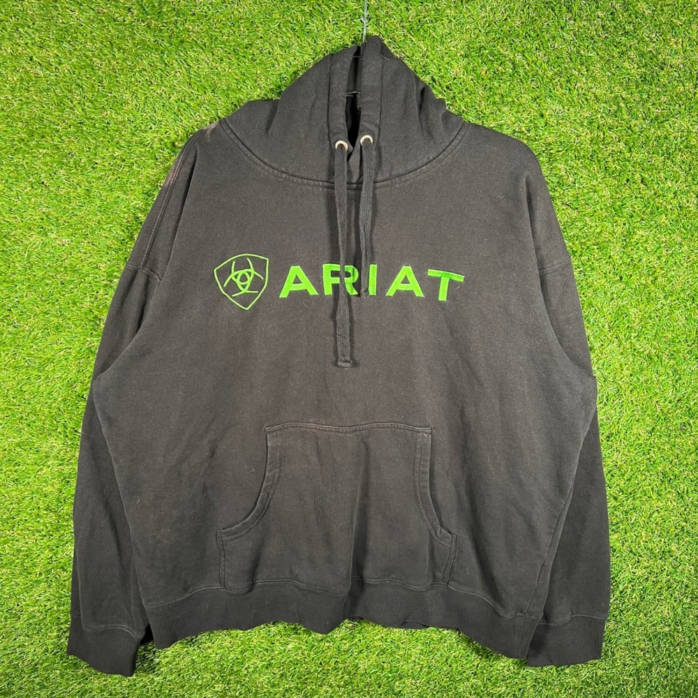 Ariat Mens Black Hoodie Lime Green Logo‎ Pullover Fleece Sweatshirt Large